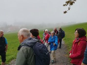 Die Wanderung beginnt im Nebel mit wenig Sicht über Breitnau.